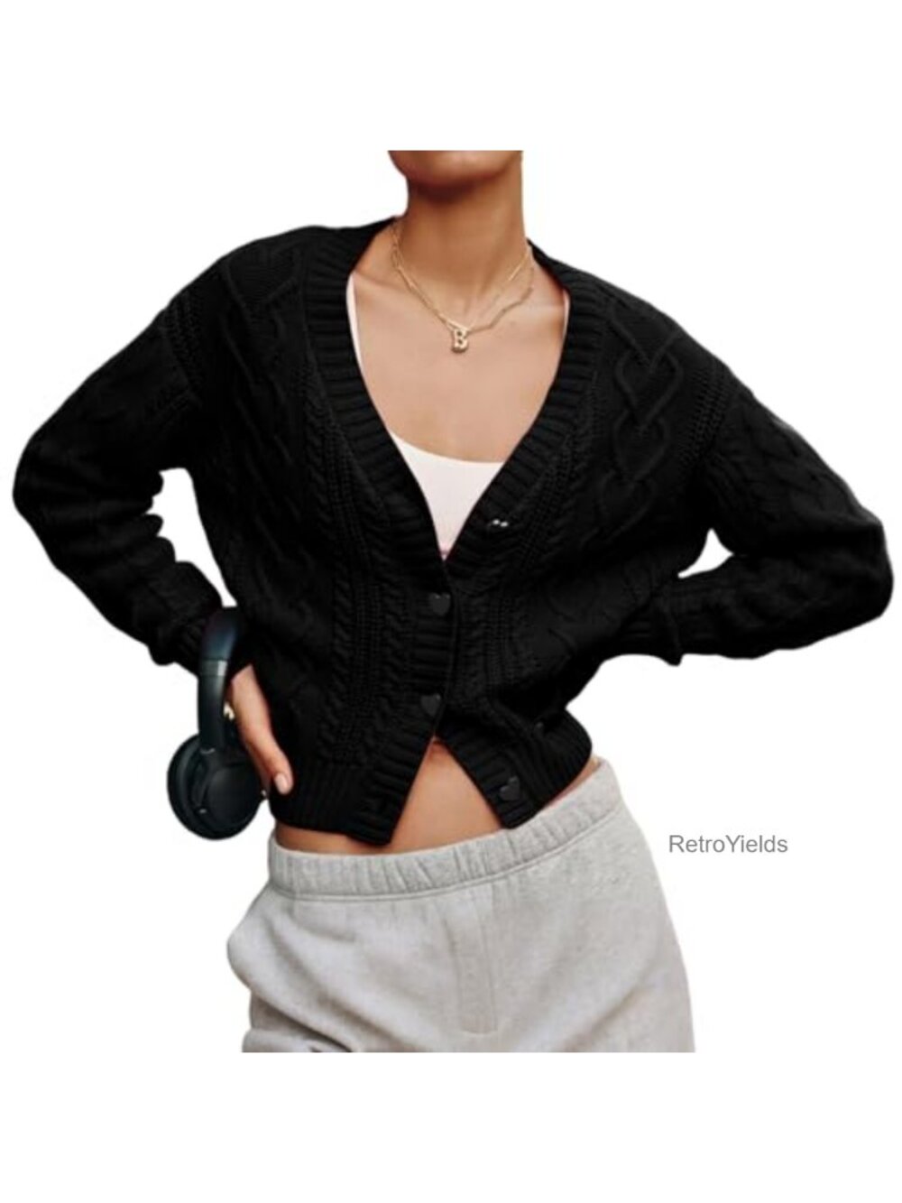 Womens Cropped Cable Knit Cardigan V Neck Button Down Sweater